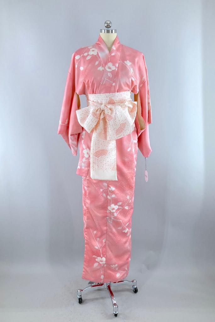 Vintage Candy Pink Satin Floral Kimono Robe-ThisBlueBird