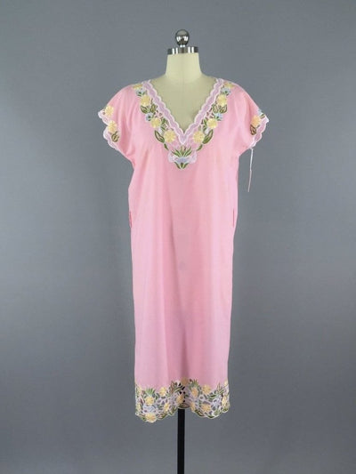 1960s Vintage Caro of Honolulu Pink Embroidered Kaftan Dress - ThisBlueBird