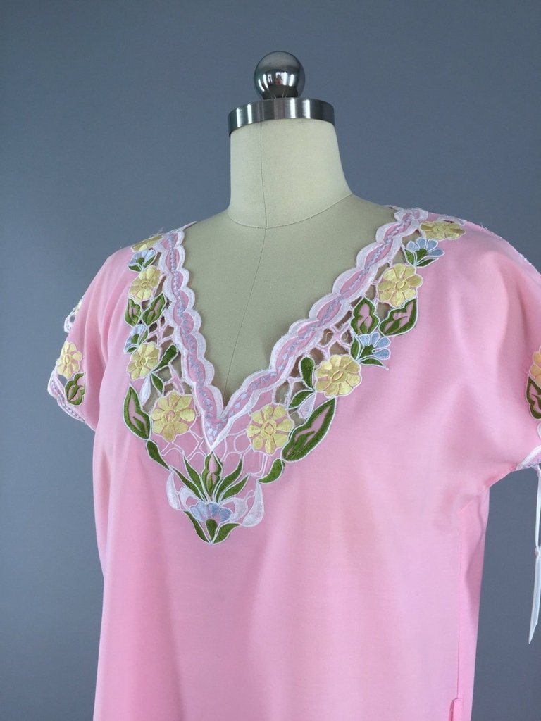 1960s Vintage Caro of Honolulu Pink Embroidered Kaftan Dress - ThisBlueBird