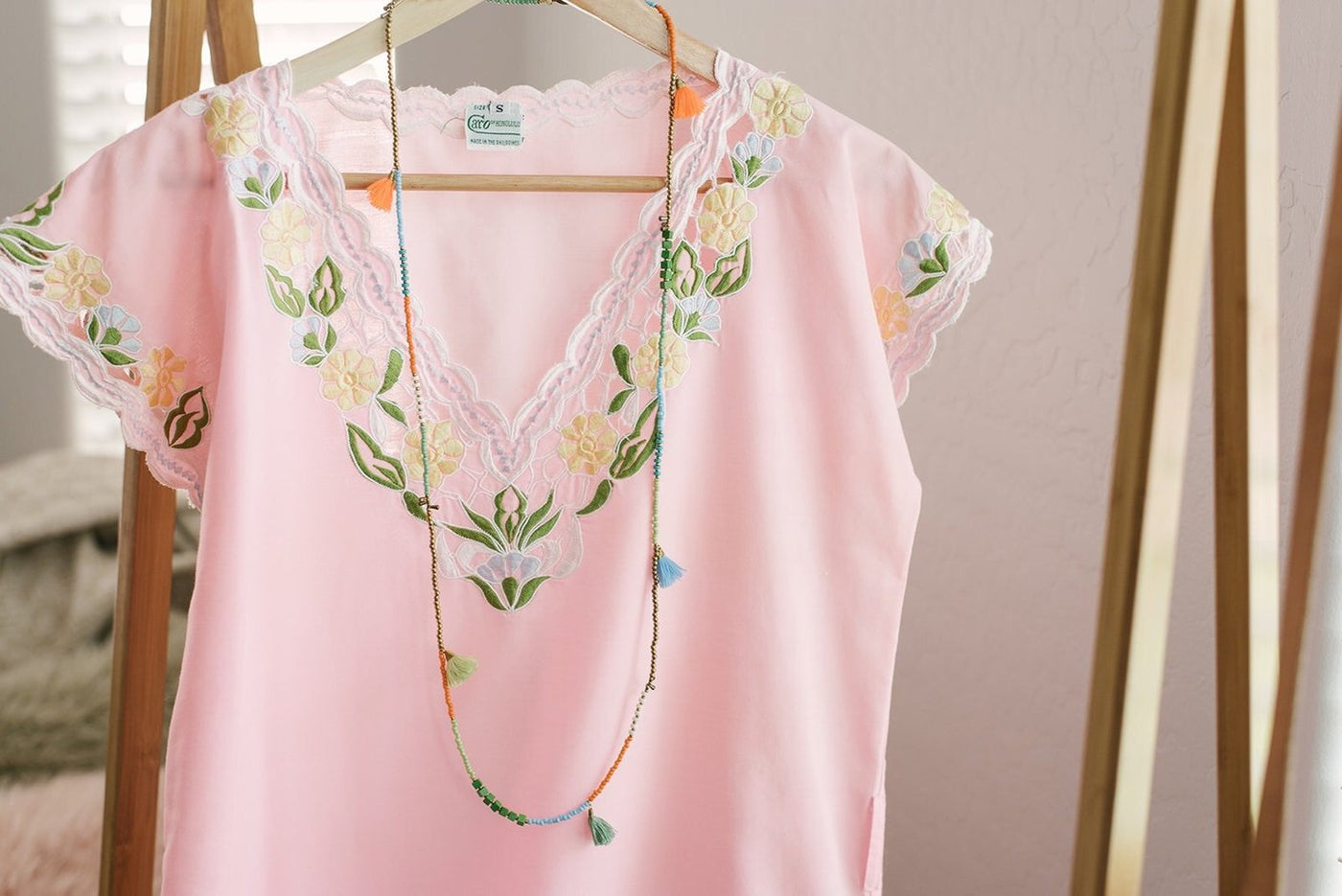 1960s Vintage Caro of Honolulu Pink Embroidered Kaftan Dress-ThisBlueBird - Modern Vintage