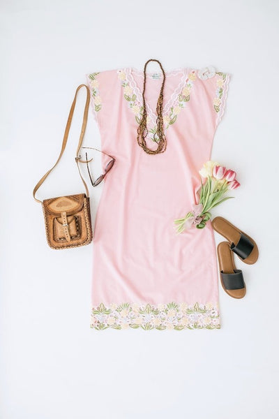 1960s Vintage Caro of Honolulu Pink Embroidered Kaftan Dress-ThisBlueBird - Modern Vintage