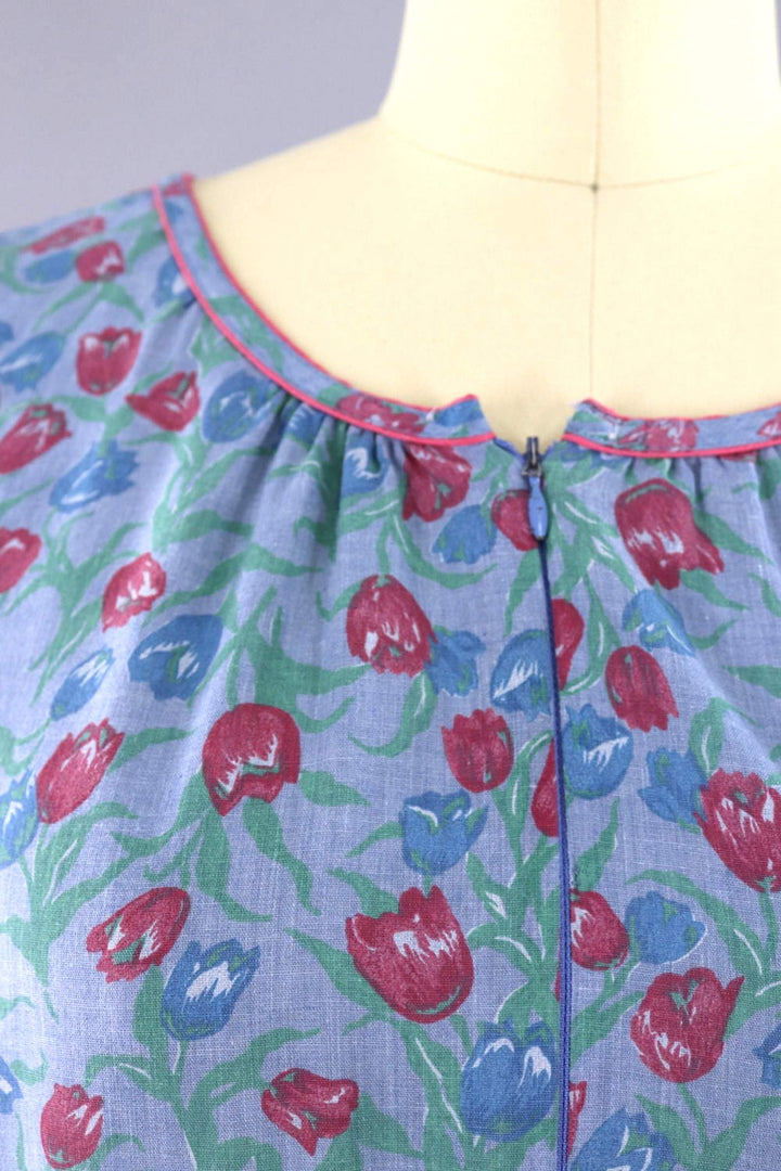 Vintage Chambray Floral Print House Dress-ThisBlueBird