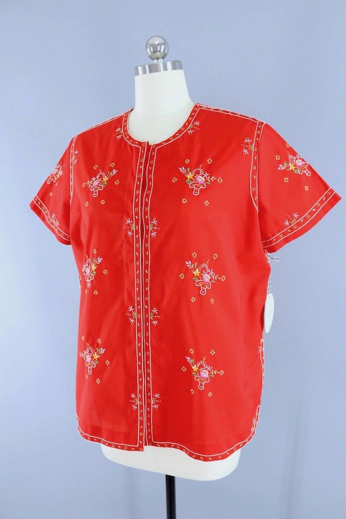 Vintage 1970s Cherry Red Floral Embroidered Blouse-ThisBlueBird