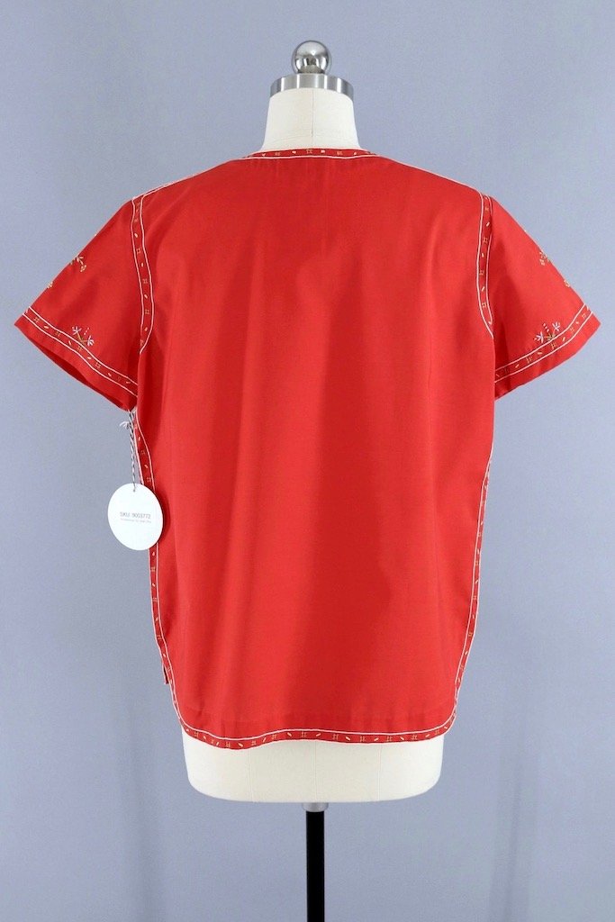 Vintage 1970s Cherry Red Floral Embroidered Blouse-ThisBlueBird