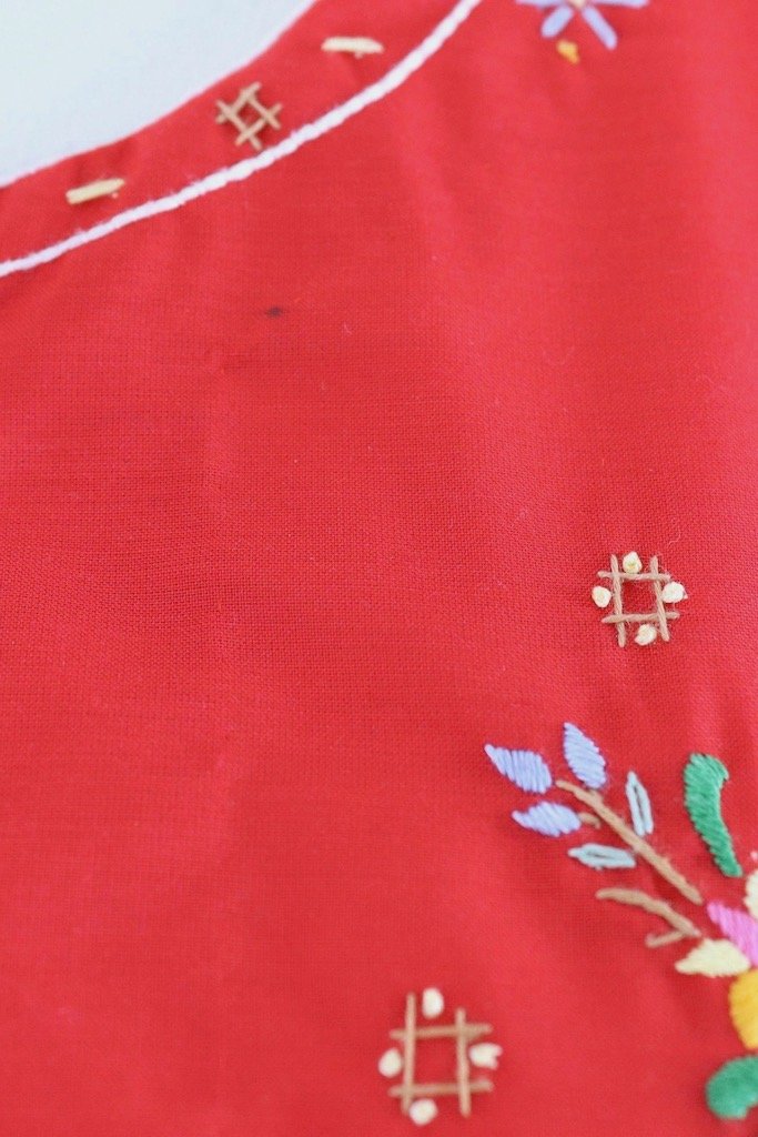 Vintage 1970s Cherry Red Floral Embroidered Blouse-ThisBlueBird