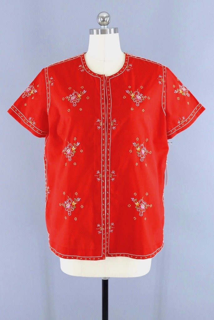 Vintage 1970s Cherry Red Floral Embroidered Blouse-ThisBlueBird