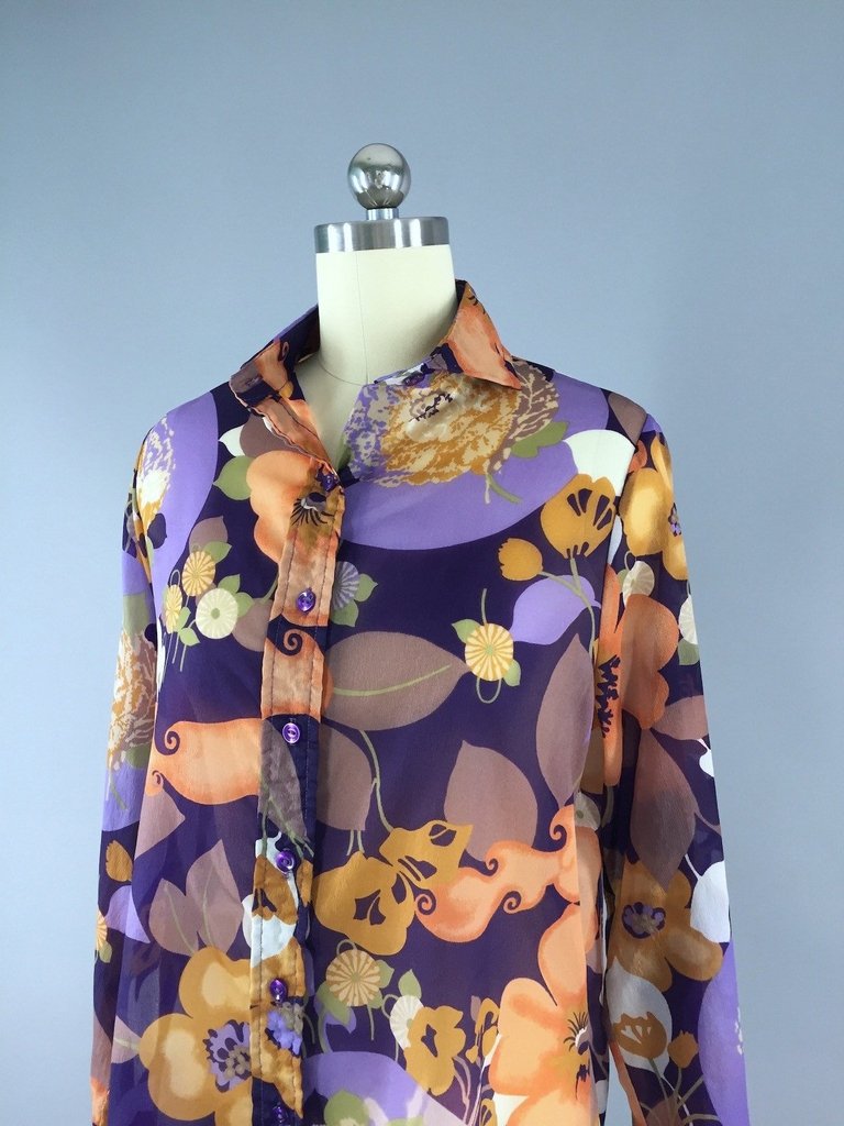 Vintage Chiffon Blouse / Purple Floral Print - ThisBlueBird