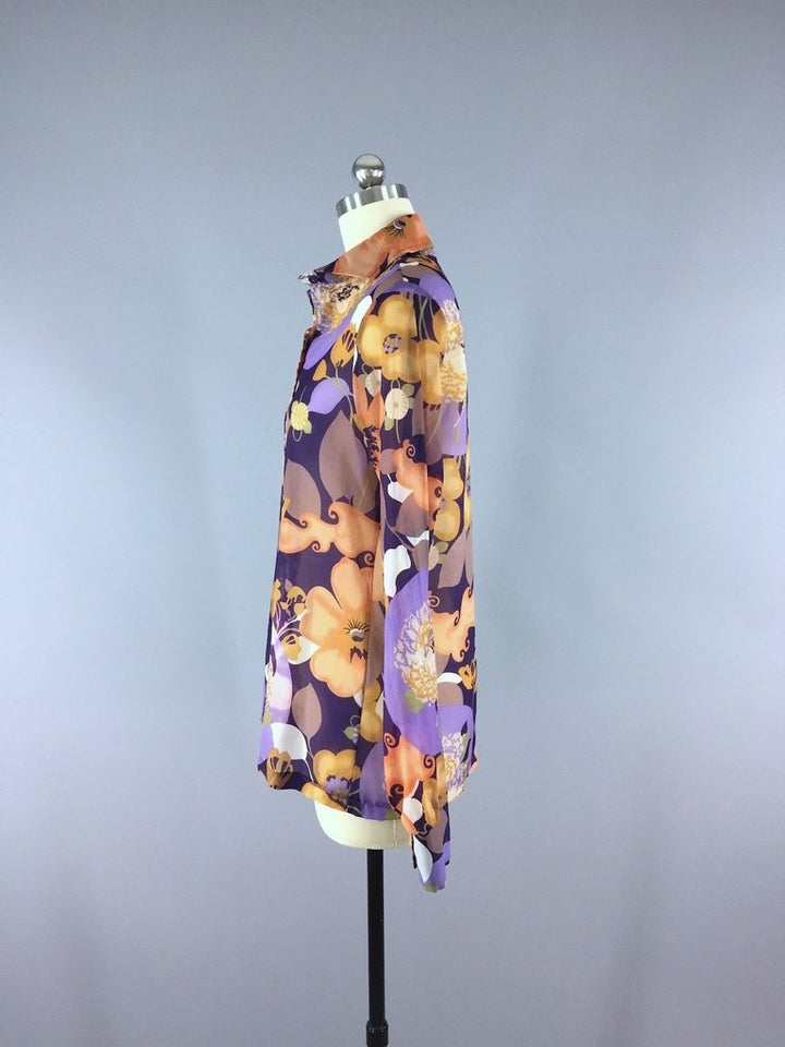 Vintage Chiffon Blouse / Purple Floral Print - ThisBlueBird