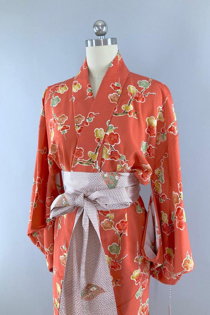 Vintage Coral &amp; Green Floral Silk Kimono-ThisBlueBird