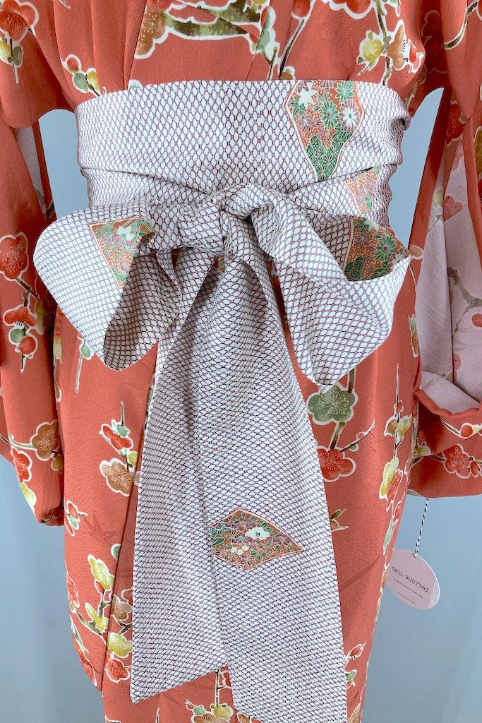 Vintage Coral &amp; Green Floral Silk Kimono-ThisBlueBird