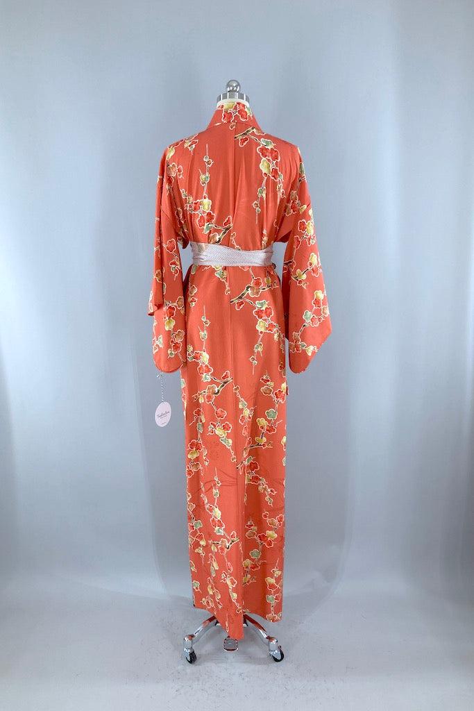 Vintage Coral &amp; Green Floral Silk Kimono-ThisBlueBird