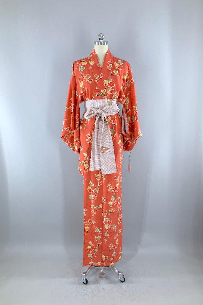 Vintage Coral &amp; Green Floral Silk Kimono-ThisBlueBird