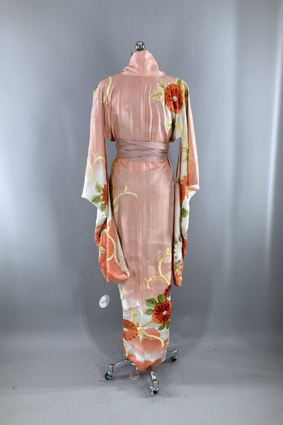 Vintage Coral Pink Embroidered Silk Kimono Robe-ThisBlueBird - Modern Vintage