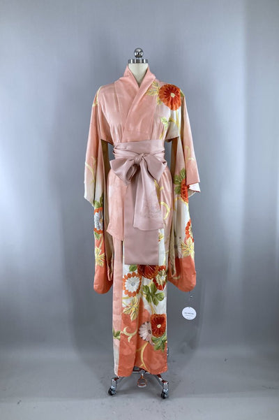 Vintage Coral Pink Embroidered Silk Kimono Robe-ThisBlueBird - Modern Vintage