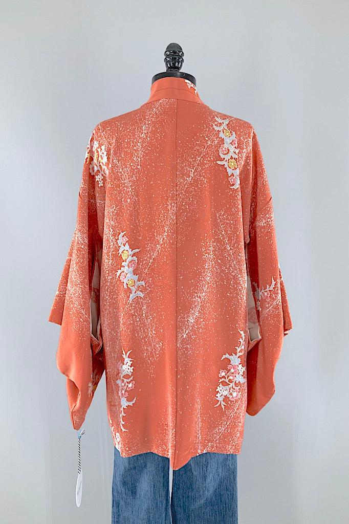 Vintage Coral Pink Floral Silk Kimono Cardigan-ThisBlueBird