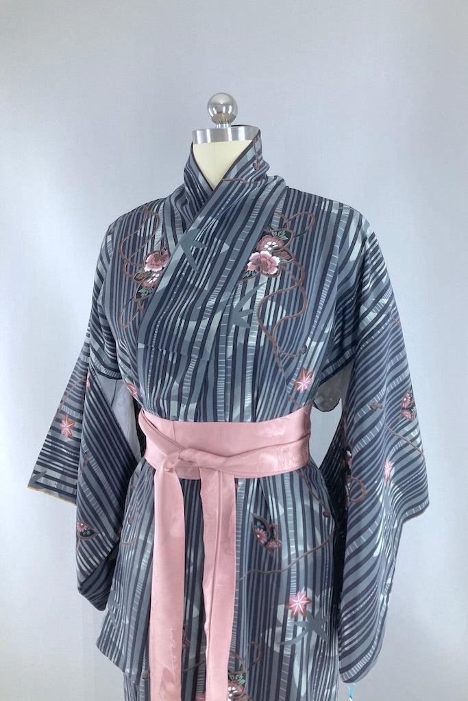 Vintage Dark Grey & Pink Floral Kimono-ThisBlueBird