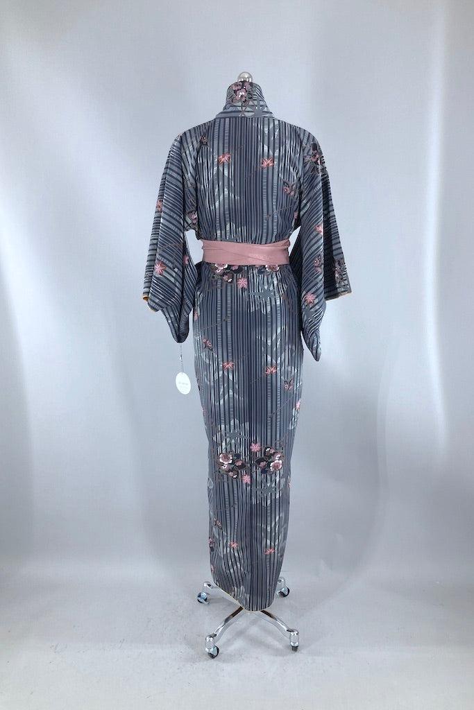 Vintage Dark Grey &amp; Pink Floral Kimono-ThisBlueBird
