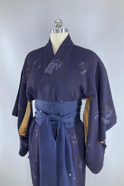 Vintage Dark Purple Heavy Silk Kimono Robe-ThisBlueBird