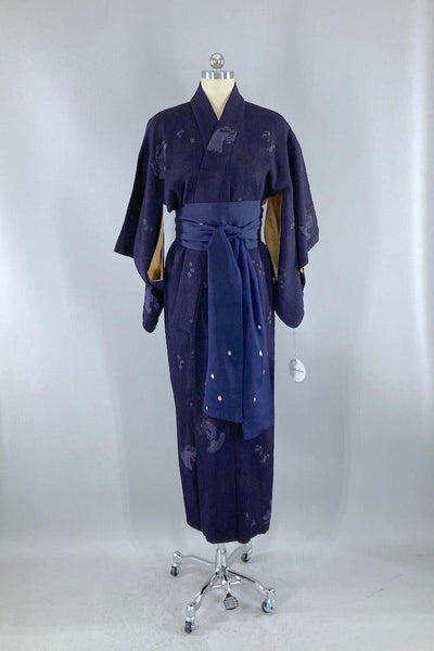 Vintage Dark Purple Heavy Silk Kimono Robe-ThisBlueBird