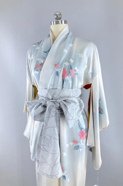 Vintage Dove Grey Pink Floral Silk Kimono Robe-ThisBlueBird