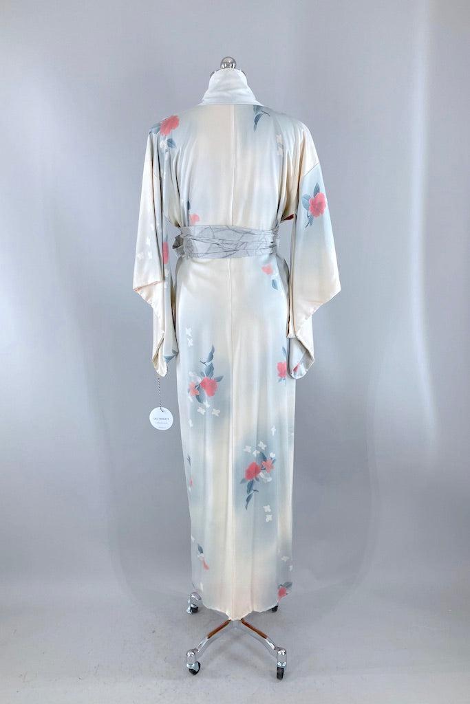 Vintage Dove Grey Pink Floral Silk Kimono Robe-ThisBlueBird