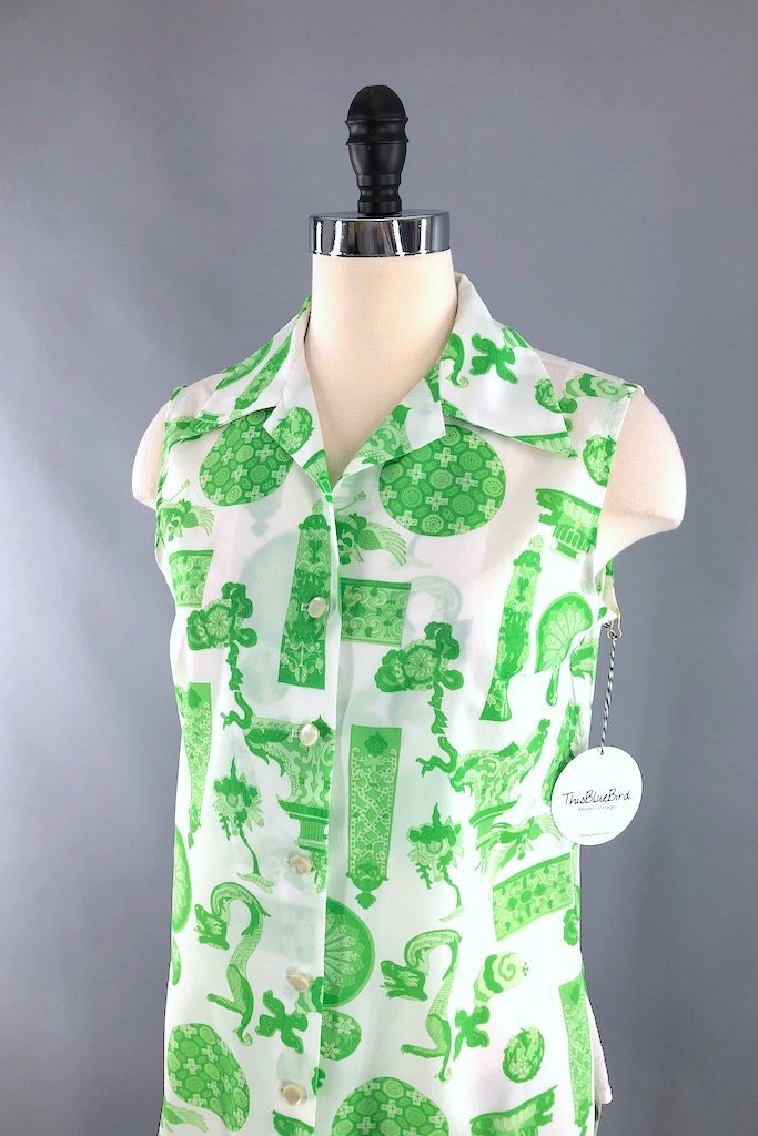 Vintage Dragon Print Sleeveless Blouse-ThisBlueBird - Modern Vintage