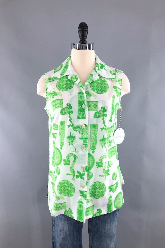 Vintage Dragon Print Sleeveless Blouse-ThisBlueBird - Modern Vintage
