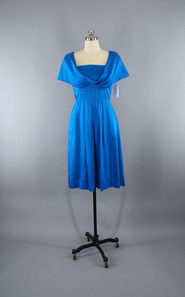 fitted lace wedding dress Vintage Electric Blue Satin Cocktail Party Dress – ThisBlueBird