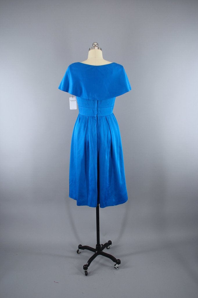 Vintage 1950s Electric Blue Satin Cocktail Party Dress - ThisBlueBird