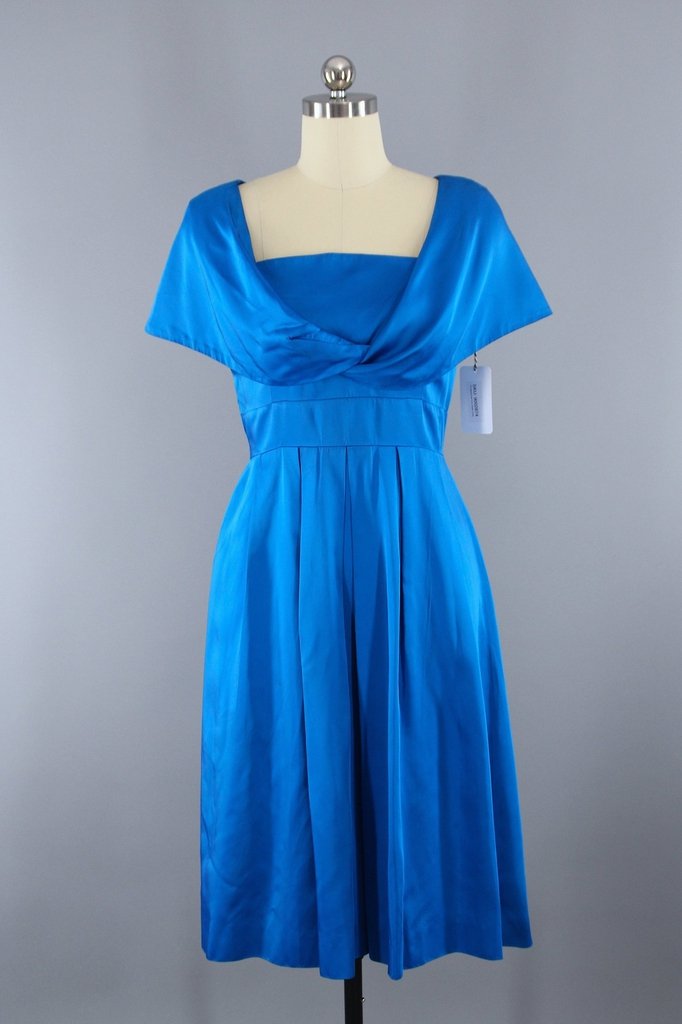 Vintage 1950s Electric Blue Satin Cocktail Party Dress - ThisBlueBird
