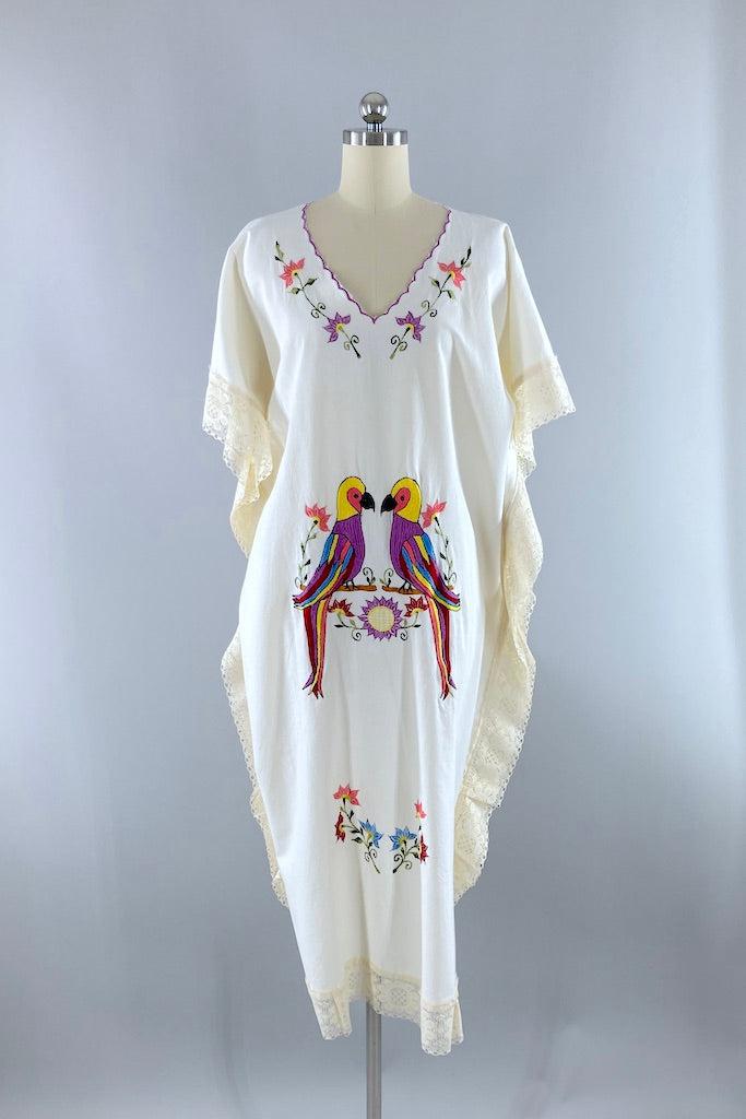 Vintage Embroidered Parrots Caftan Dress-ThisBlueBird