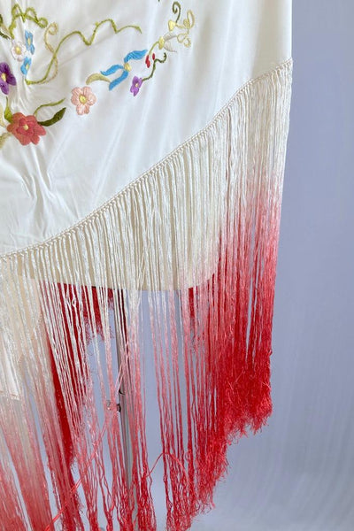 Vintage Embroidered Silk Fringed Piano Shawl-ThisBlueBird