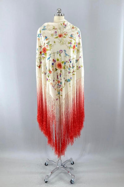Vintage Embroidered Silk Fringed Piano Shawl-ThisBlueBird