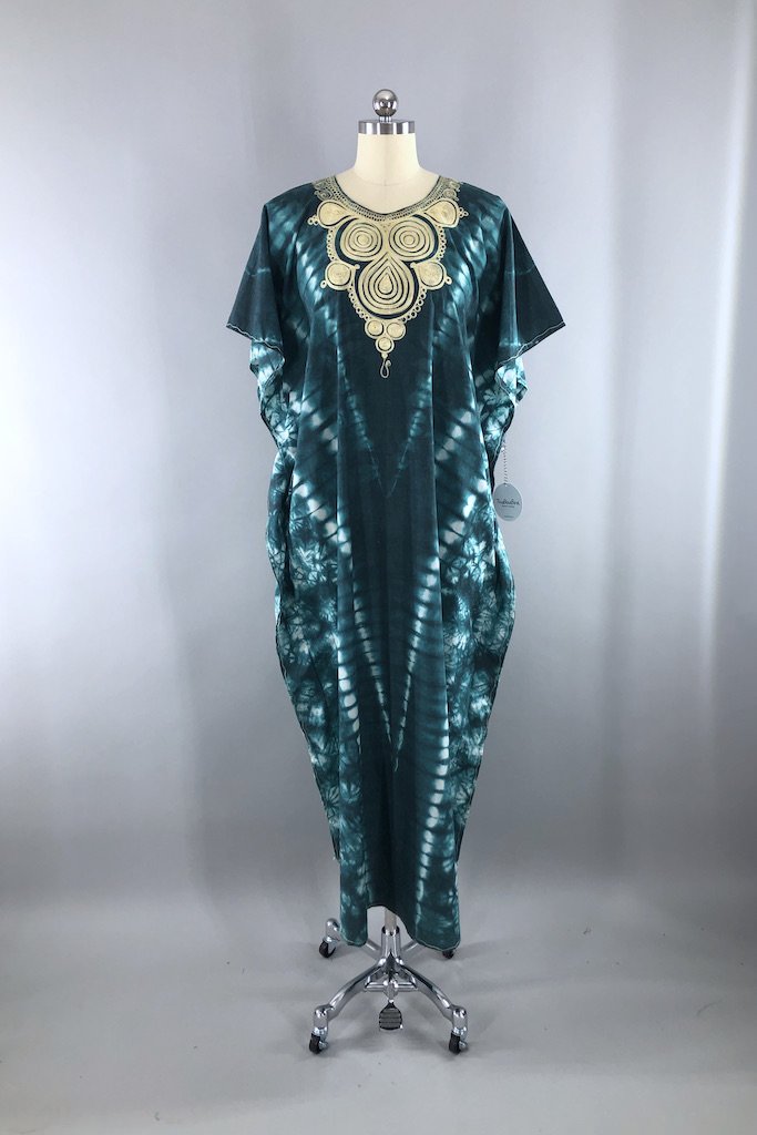Vintage Emerald Green Tie Dyed Caftan Dress-ThisBlueBird