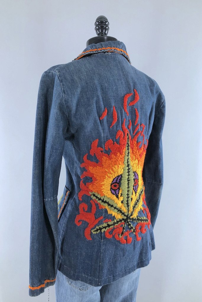 Vintage Flaming Pot Leaf Denim Jacket-ThisBlueBird - Modern Vintage