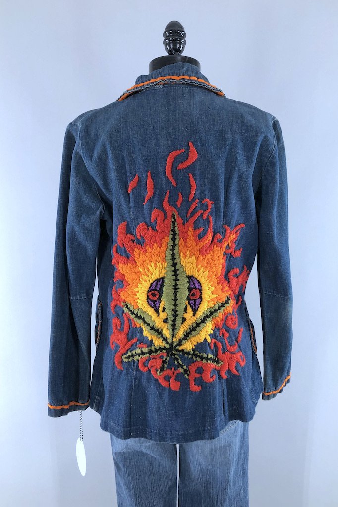 Vintage Flaming Pot Leaf Denim Jacket-ThisBlueBird - Modern Vintage