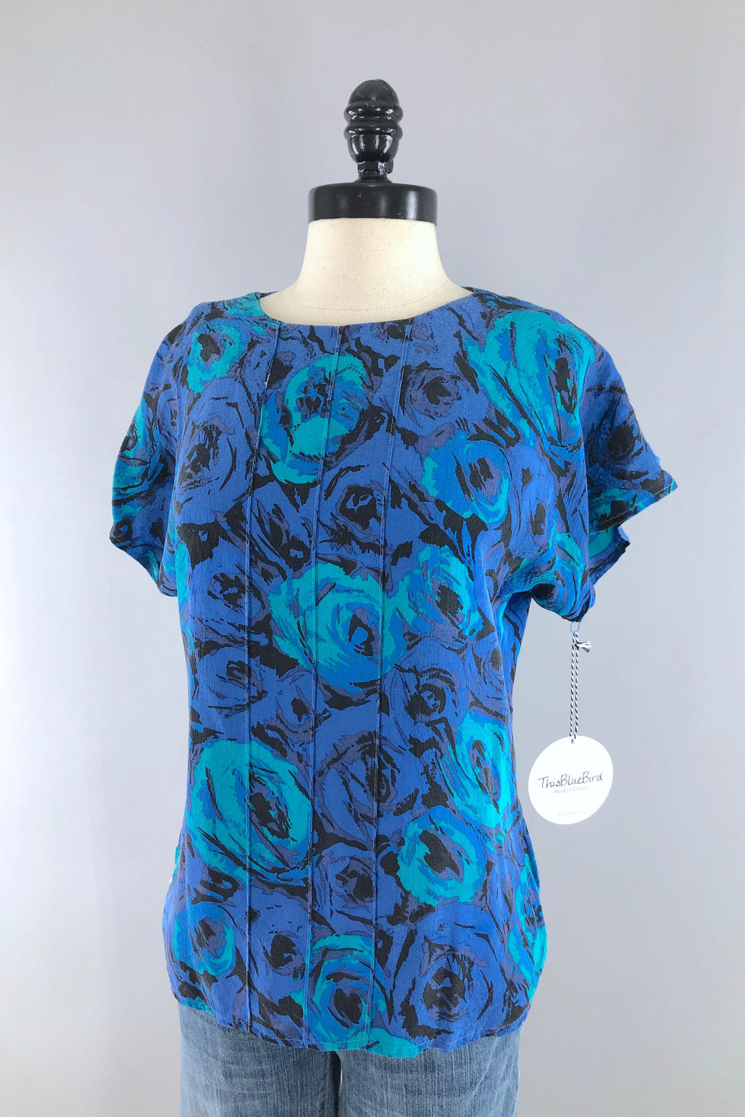 Vintage Flora Kung Blue Silk Blouse-ThisBlueBird