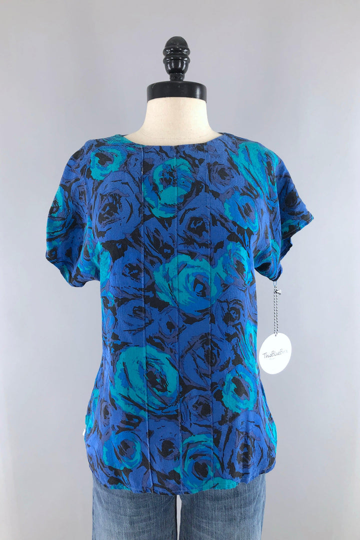 Vintage Flora Kung Blue Silk Blouse-ThisBlueBird