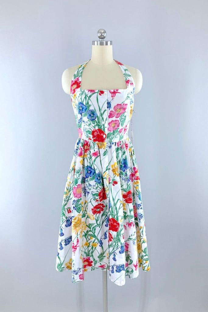 Vintage Floral Print Halter Dress-ThisBlueBird