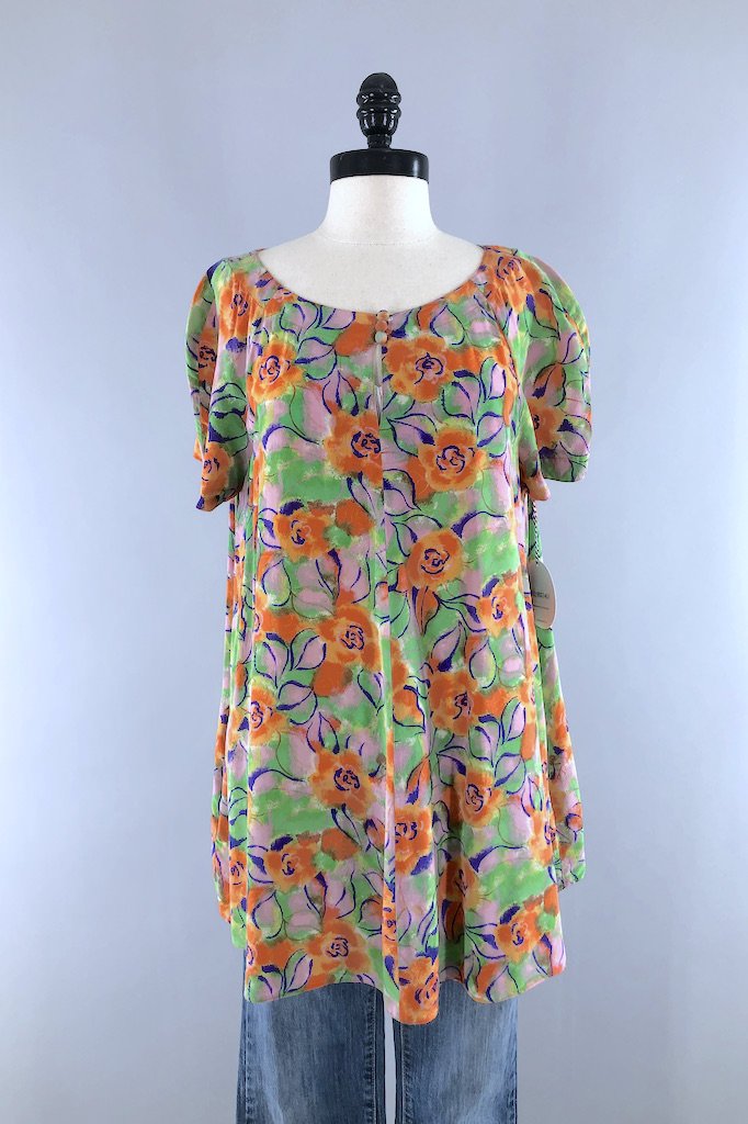 Vintage Floral Print Silk Tunic-ThisBlueBird - Modern Vintage