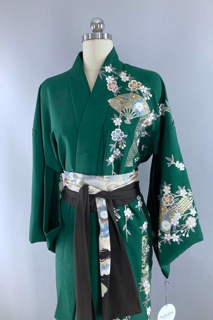 Vintage Forest Green Floral Kimono Robe-ThisBlueBird