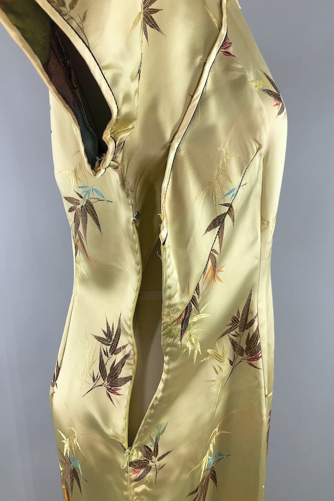 Vintage Gold Satin Cheongsam Dress-ThisBlueBird - Modern Vintage