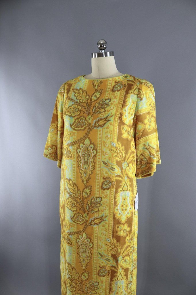 Vintage Golden Yellow Floral Print Maxi Dress – ThisBlueBird
