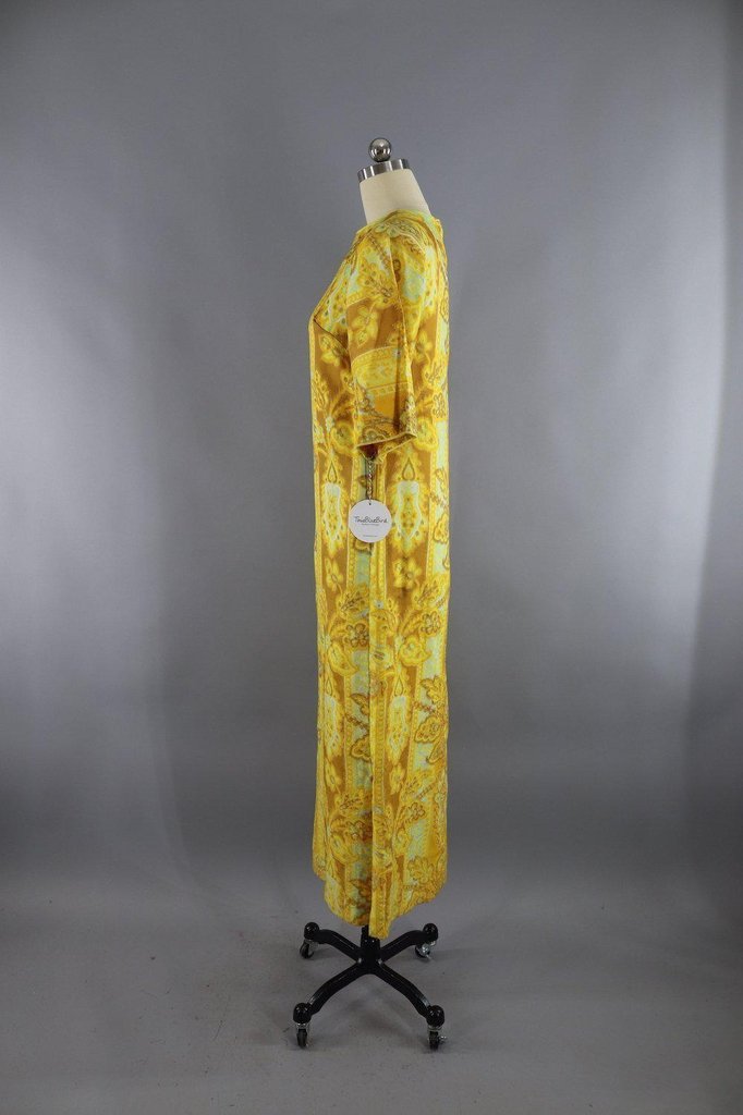 Vintage 1960s Maxi Dress / Golden Yellow Floral Print - ThisBlueBird