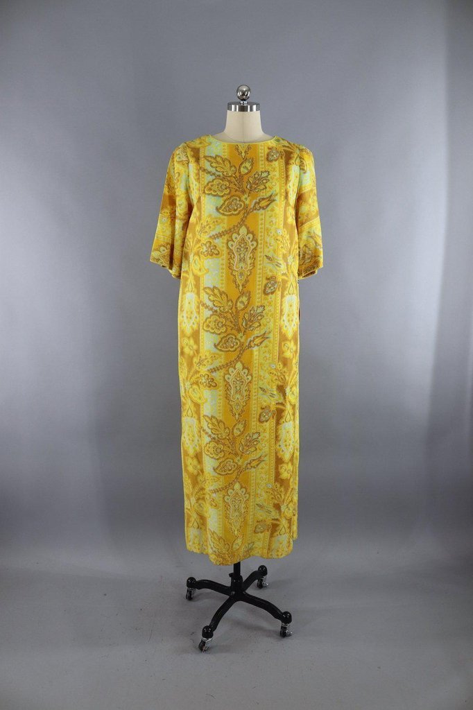 Vintage 1960s Maxi Dress / Golden Yellow Floral Print - ThisBlueBird