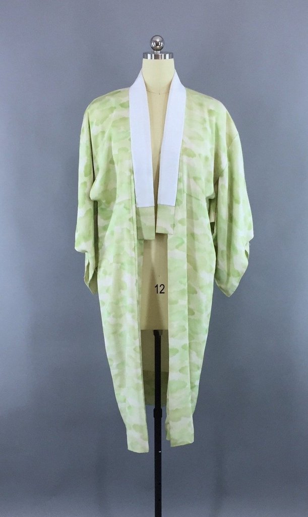 1950s Vintage Silk Kimono Robe Juban with Green Ombre Clouds - ThisBlueBird