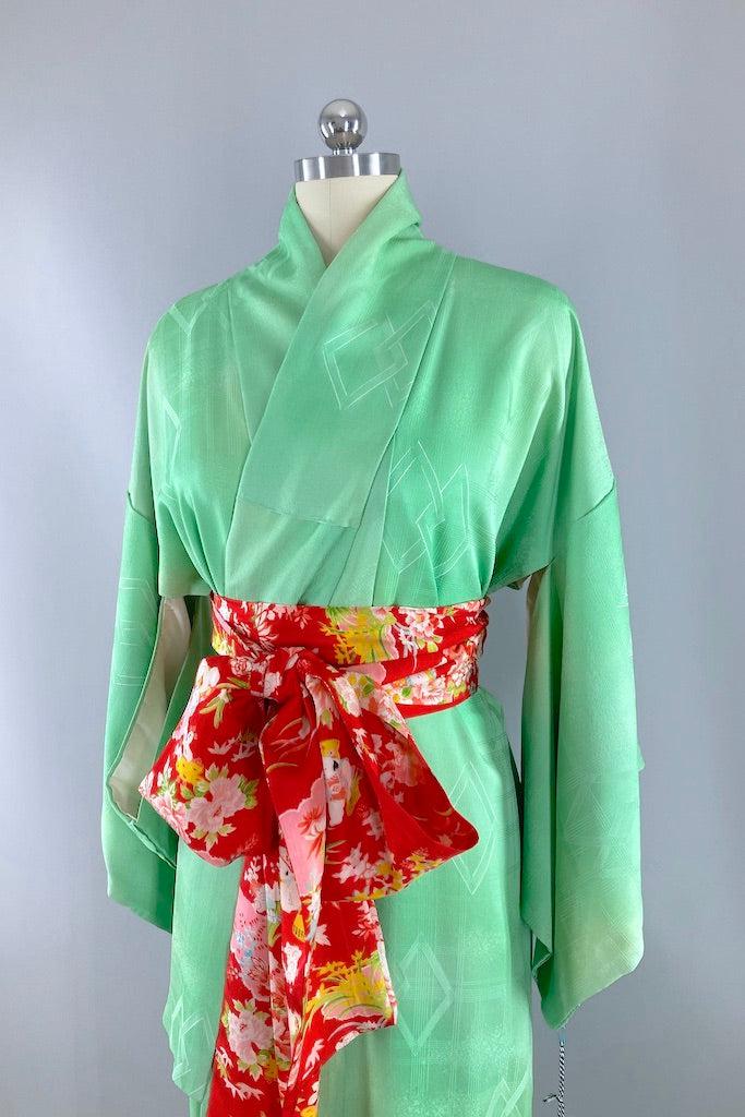 Vintage Green Diamonds Silk Kimono-ThisBlueBird