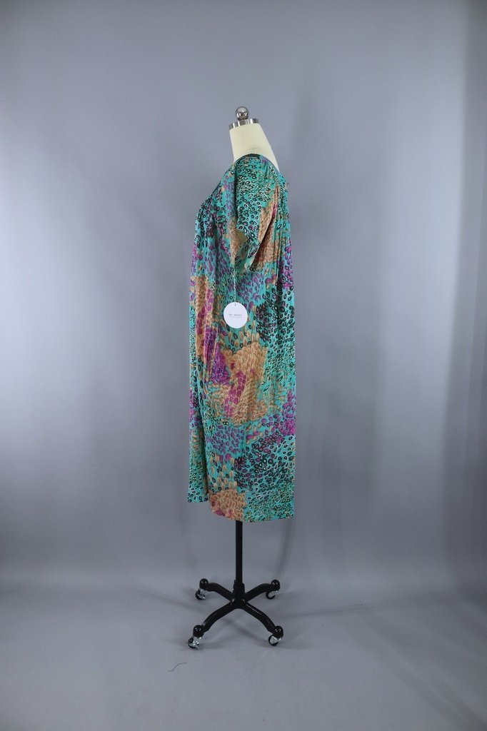 Vintage Green Feather Print Cotton Gauze Caftan Dress - ThisBlueBird