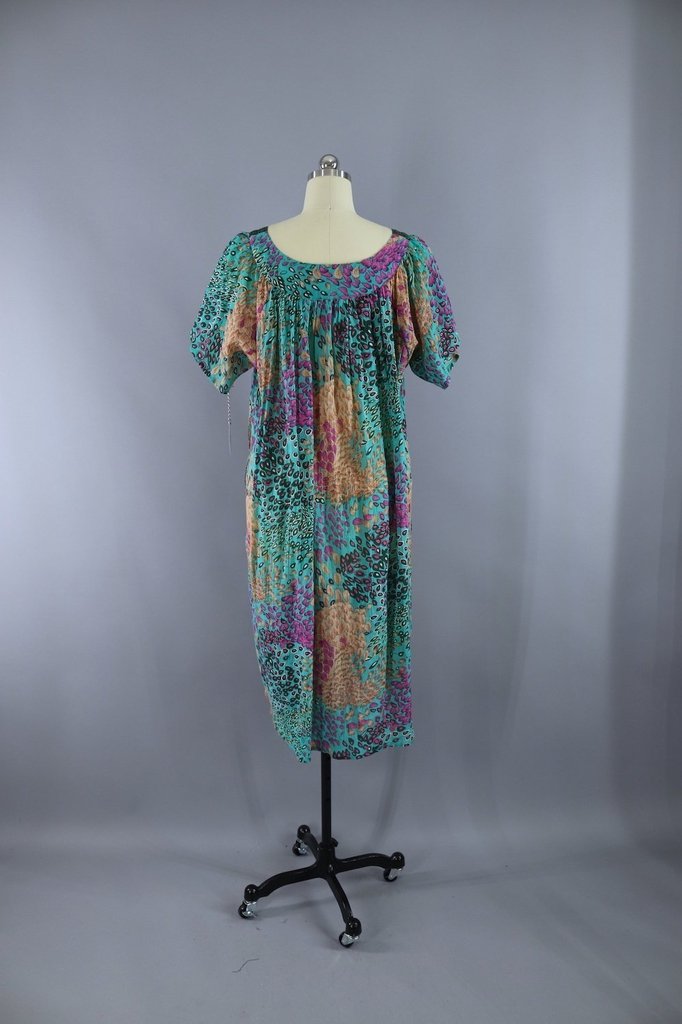 Vintage Green Feather Print Cotton Gauze Caftan Dress - ThisBlueBird