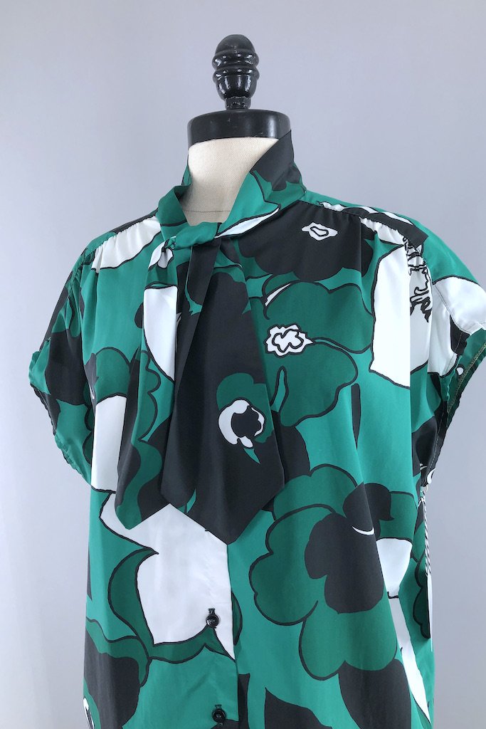 Vintage Green Floral Print Blouse-ThisBlueBird - Modern Vintage